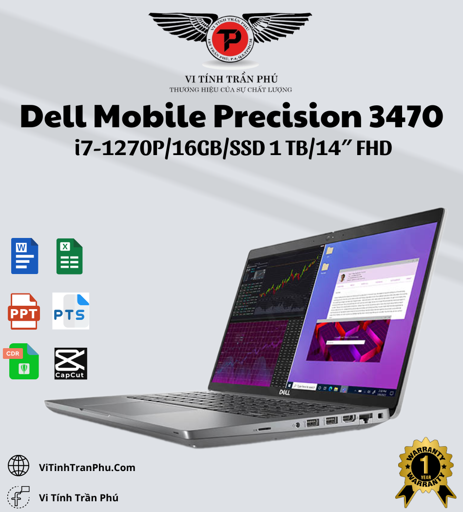 Laptop Dell Mobile Precision 3470 New BH 36T (Intel Core i7-1270P | 16GB | Nvme 1TB 4x4| T550 4GB DDR6 | 14 inch FHD | Win 11Pro)