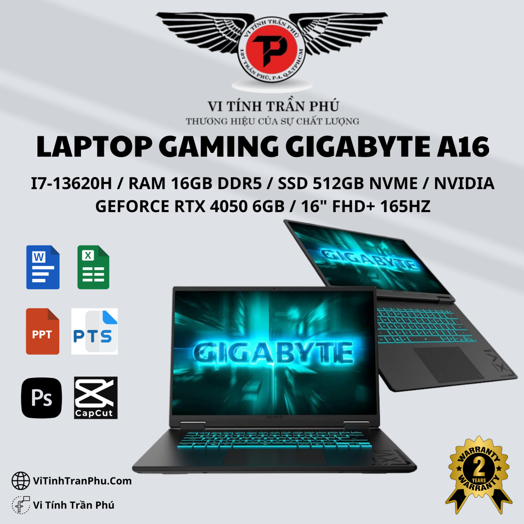 LAPTOP GAMING GIGABYTE A16-CMHI2MY893SH – CORE I7-13620H / RAM 16GB DDR5 / SSD 512GB NVME / NVIDIA RTX 4050 / 16