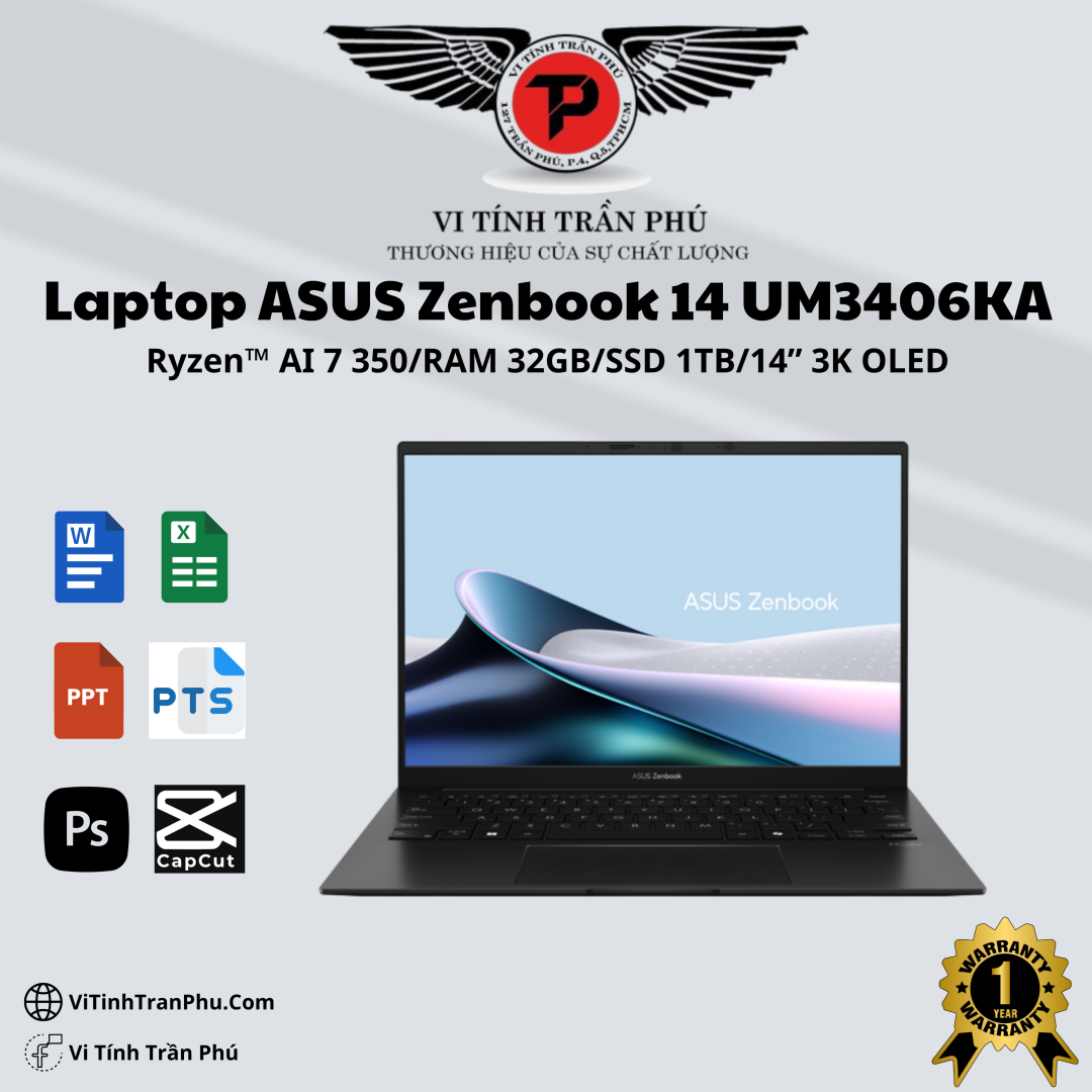Laptop ASUS Zenbook 14 UM3406KA-PP590WS (Ryzen™ AI 7 350 | 32GB | 1TB | AMD Radeon™ Graphics | 14inch 3K)