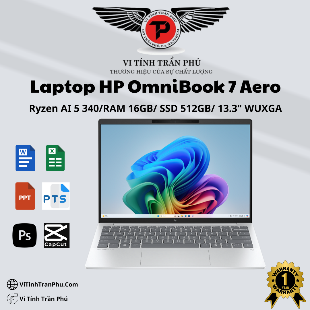 Laptop HP OmniBook 7 Aero 13-BG1087AU (BZ7S1PA) | Ryzen AI 5 340, 16GB DDR5X, SSD 512GB NVMe, AMD Graphics, 13.3