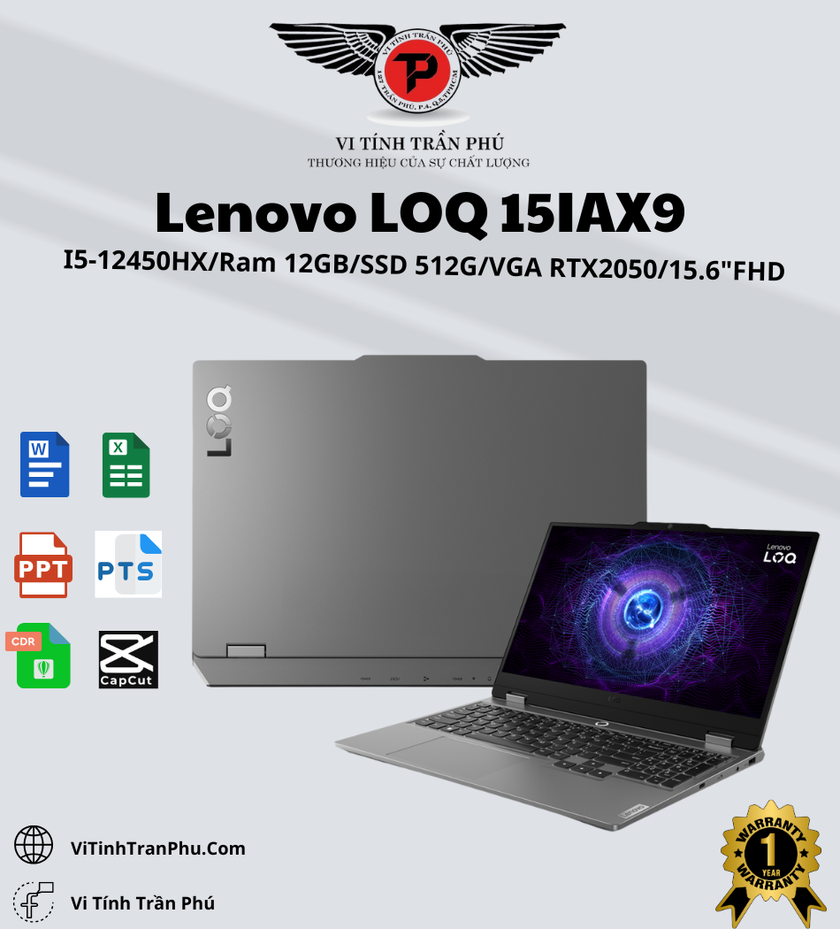 Laptop Lenovo LOQ 15IAX9 83GS001SVN (I5-12450HX/12GB/512GB/ RTX2050/15.6 FHD 144HZ/WIN11/Xám) - Chính hãng