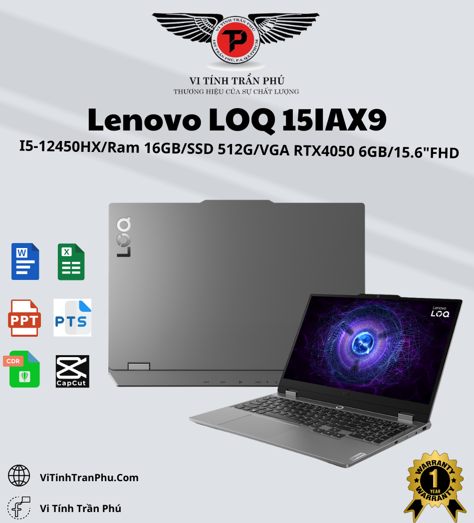 Laptop Lenovo LOQ 15IAX9 83GS000RVN (Intel Core i5-12450HX | RTX 4050 6GB |16GB | 512GB | 15.6 inch FHD | Win 11 | Xám)