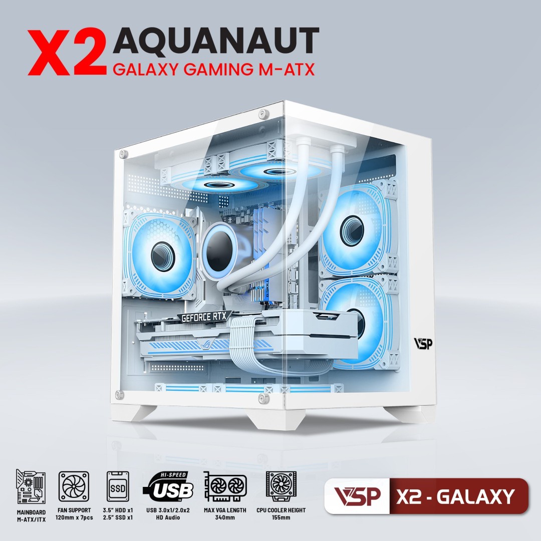 Vỏ Case VSP Aquanaut Pro Gaming M-ATX X2 - Trắng